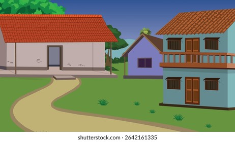 Indian Village Scene with Two-Story House, Clay Home, Tiled Roof House, Trees, Countryside Path, Evening Rural Landscape, Farming Settlement, Cartoon Style Illustration, Flat Vector Background Art
