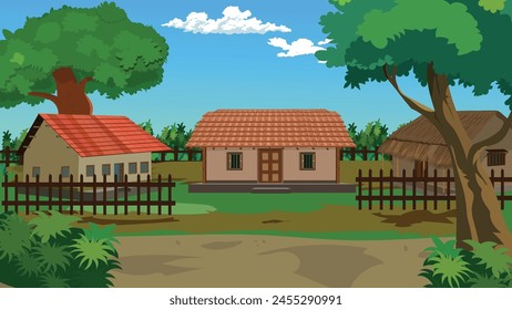 Indian village scenery , Farmer house, poor mud house, Village landscape, tin shade home, straw hut, Indian villaage house, banana tree, dirt road, village roadside landscape, mud house, Indian hut