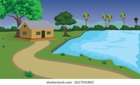 Indian village scenery vector illustration. A house is on a road next to a lake. The house is yellow and has a roof