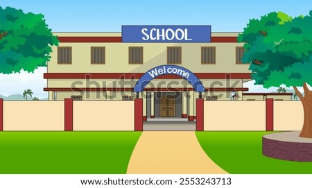 Indian Village School Background Vector, School Building, Empty, Cartoon Village School Illustration