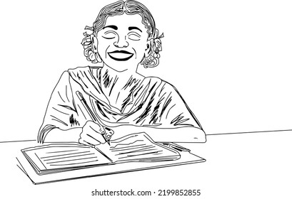 Indian Village school girl student line art vector, Outline sketch drawing indian school girl holding pencil, Cartoon doodle drawing of girl student of India