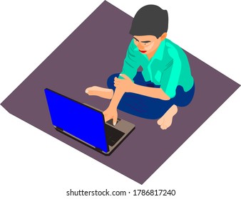 An indian village school student operating laptop isolated wearing uniform in blue and aqua color.