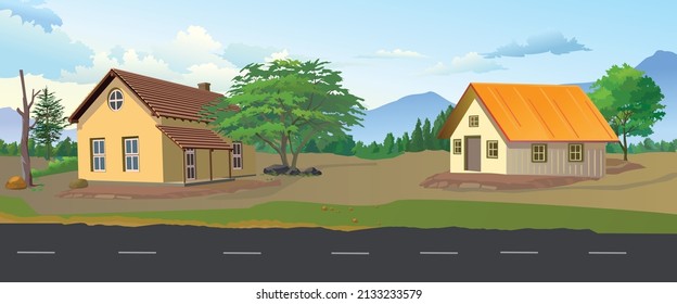 Indian village side house with blue sky greenery and road. house built in the middle of forest. jungle house 