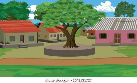 Indian Village Square Vector Background |Village Panchayat Square Vector | Rural Houses, Big Tree, Countryside Scene for Animation, Kids Projects, and Educational Use	
