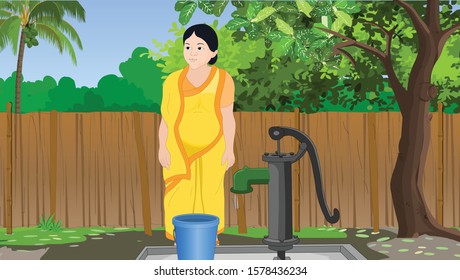 Indian Village with stand a lady bucket and Hand pump-illustration