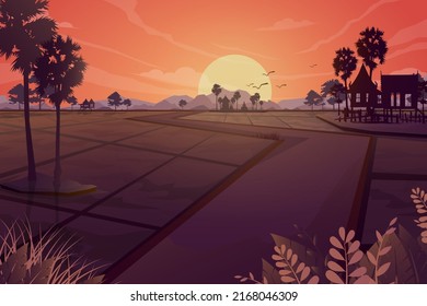 Indian Village Sunset, Agriculture Grassland, Abtract Silhouette Of Asian Farmers Working At Rice Field, Vector Illustration 