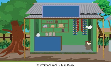 In: Indian village tea stall. Asiatisches ländliches Dorf rustikales Lebensmittelgeschäft. Landschaft Lebensmittelgeschäft Vektorillustration für Zeichentrickanimation