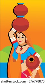 Indian village woman carrying water