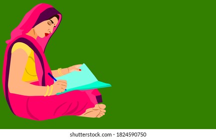 An indian village woman cartoon writing text on paper pad alone on green background abstract art for educational concept.
