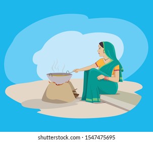 Indian village woman cooking food with traditional way, Village oven - Vector