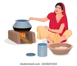 Indian village woman cooking food In an Ancient Or Old Kitchen