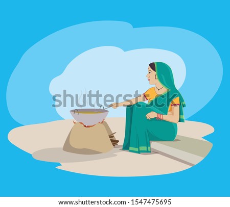 Indian village woman cooking food with traditional way, Village oven - Vector