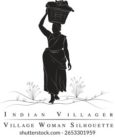 An Indian village woman walking in agriculture field, Vector silhouette of rural Indian woman, An vector illustration of female farmer