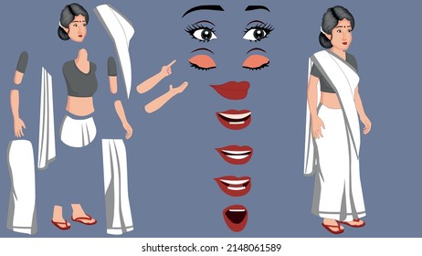 Indian Village Woman With White Sari, Woman Cartoon Character Vector