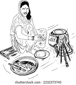 Mujeres de aldeas indias horneando comida fresca en una aldea rural en una cocina vintage usando leña como dibujo ilustrativo, portadora de vectores de cocina de aldea india