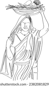 Indian Village Women Carrying Fresh Farm Vegetables - One Line Sketch Cartoon Clip Art, Indian Traditional Woman Holding Basket of Fresh Vegetables - Cartoon Illustration