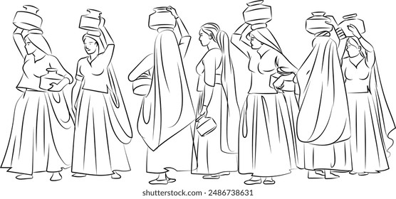 Indian Village women carrying water pots on their heads, Hand drawn in thin line style