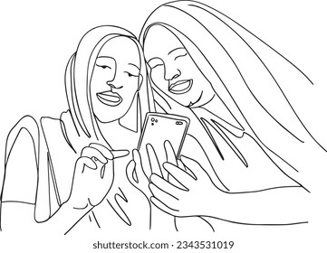 Indian Village Women and Smartphone: One-Line Cartoon Illustration, Rural Women Embracing Technology: Simple Sketch Drawing