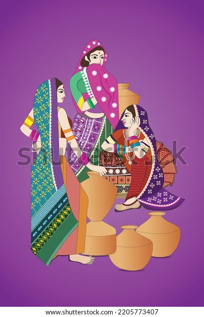 Indian Village Womens Clay Pots Illustration Stock Vector (Royalty Free ...