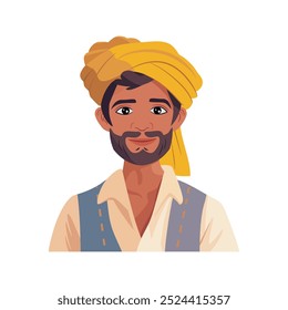 Un aldeano indio ilustración de un hombre con un turbante amarillo y ropa tradicional. El diseño sonriente y amigable lo hace adecuado para contenido cultural, rural o de estilo de vida