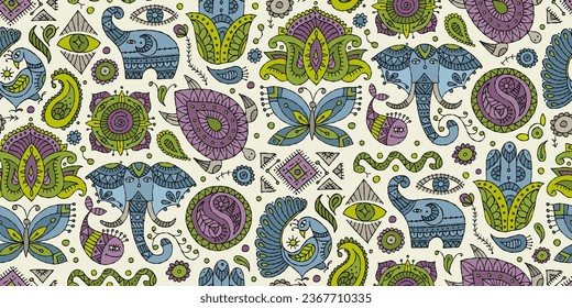 Indian vintage ornament for your design. Esoteric and animals, design elements, Seamless pattern background