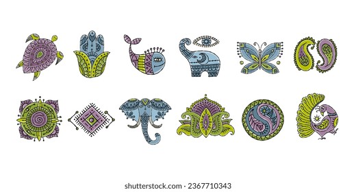 Indian vintage ornament for your design. Esoteric and animals, design elements, Icons set for your design