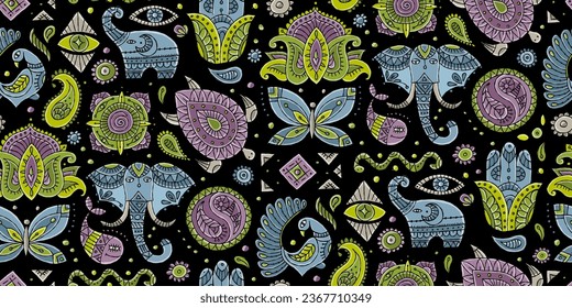Indian vintage ornament for your design. Esoteric and animals, design elements, Seamless pattern background