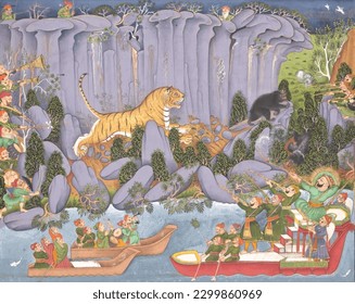 Indian vintage painting of a king on a tiger hunt - Indian miniature art in vector format for wallpapers and Print