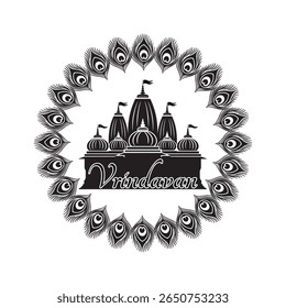 Indian vrindavan temple black silhouette logo with peacock feather ring design vector illustration