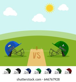 Indian Vs Pakistan Cricket Match Concept With Batsman Helmets On Green Field Background In Day Time.