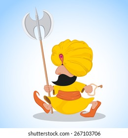 Indian warrior with an ax. Cartoon image of indian man in traditional indian clothing isolated vector illustration. 