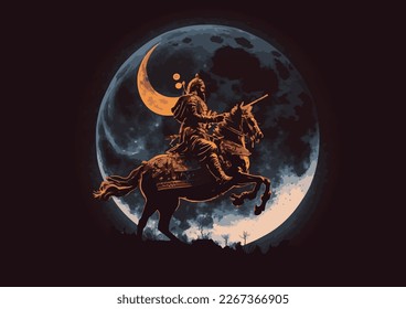 Indian warrior riding on a horse on a moon night