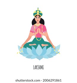 Indian wealth goddess Lakshmi with four arms sitting in lotus pose on a flower spilling money coins from hands. Hindu deity woman - flat isolated vector illustration.