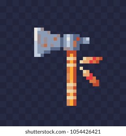 Indian weapon tomahawk pixel art icon, isolated vector illustration. Design for sticker, mobile app and logo. Game assets 8-bit sprite.