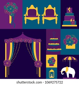 Indian wedding. Wedding  arch with flowers, cake,  bridal bouquet. Vector illustration.