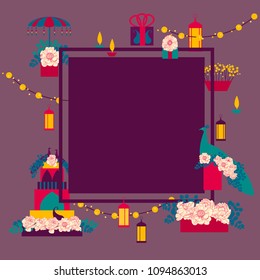 Indian wedding. Wedding  arch with flowers and peacock, cake,  bridal bouquet. Vector frame