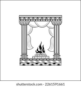 INDIAN WEDDING BEAUTIFUL MANDAP DESIGN WITH HAWAN KUND, BLACK AND WHITE DECORATIVE MANDAP AND HAWAN VECTOR LINE ART