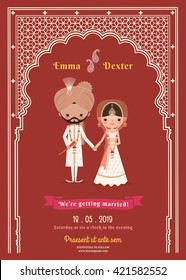 Indian Wedding Bride & Groom Cartoon Save The Date Card on Deep Red Background