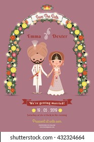 Indian Wedding Bride & Groom Cartoon Romantic Invitation Card on Dark Pink Background