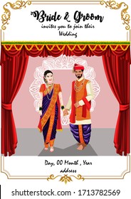 Indian wedding bride and groom ( marathi) in nauvari sari and sherwani standing holding hands and in the background is stage & red curtain with garland. Suitable for invitation & ecard. Save the date 