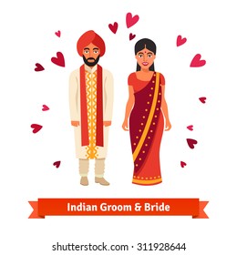 Indian wedding, bride and groom in national costumes. Hindu people standing surrounded by hearts symbols of love. Flat style vector illustration isolated on white background.