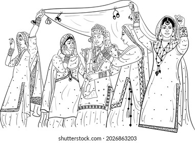 Indian wedding bride with her friends. Punjabi wedding symbol bride with traditional drees style symbol clip art vector black and white illustration