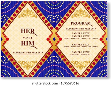 Indian wedding card, Chunari Pattern gold and crystals color on Blue Background. - Vector
