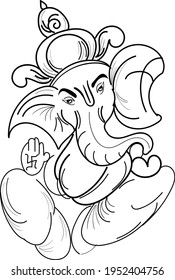 Indian wedding card clip art Lord Ganesha. God Ganpati line art black and white clip art for screen printing. Monochrome clip art black and white line drawing Gajananda.