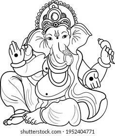 Indian wedding card clip art Lord Ganesha. God Ganpati line art black and white clip art for screen printing. Monochrome clip art black and white line drawing Gajananda.