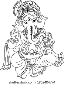 Indian wedding card clip art Lord Ganesha. God Ganpati line art black and white clip art for screen printing. Monochrome clip art black and white line drawing Gajananda.