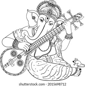 Indian wedding card clip art Lord Ganesha. God Ganpati line art black and white clip art for screen printing. Monochrome clip art black and white line drawing Gajananda.
