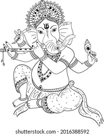  Indian wedding card clip art Lord Ganesha. God Ganpati line art black and white clip art for screen printing. Monochrome clip art black and white line drawing Gajananda.