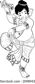 Indian wedding card clip art Lord Ganesha play dancing. God Ganpati line art black and white clip art for screen printing. Monochrome clipart black and white line drawing Gajananda.