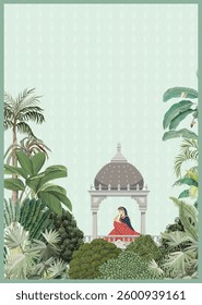 Indian Wedding Card Design, Mughal Wedding, Bride, Mughal Arch, Mughal Garden Illustration
